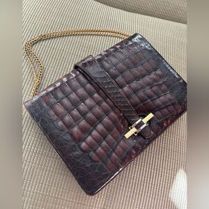 Vtg 60s Authentic Brown Crocodile Croc Leather Gold Chain Bag Clutch Tote